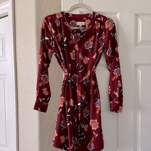 LOFT Burgundy Floral Long Sleeve Dress